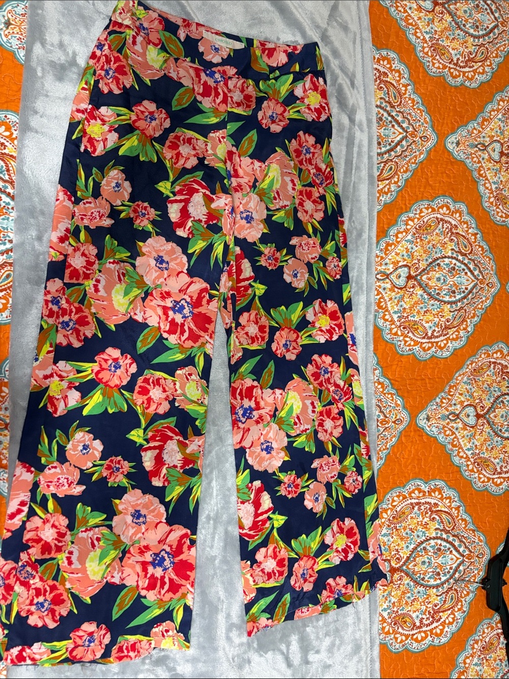 Chor Floral Wide-Leg Pants in Navy, Pink & Green